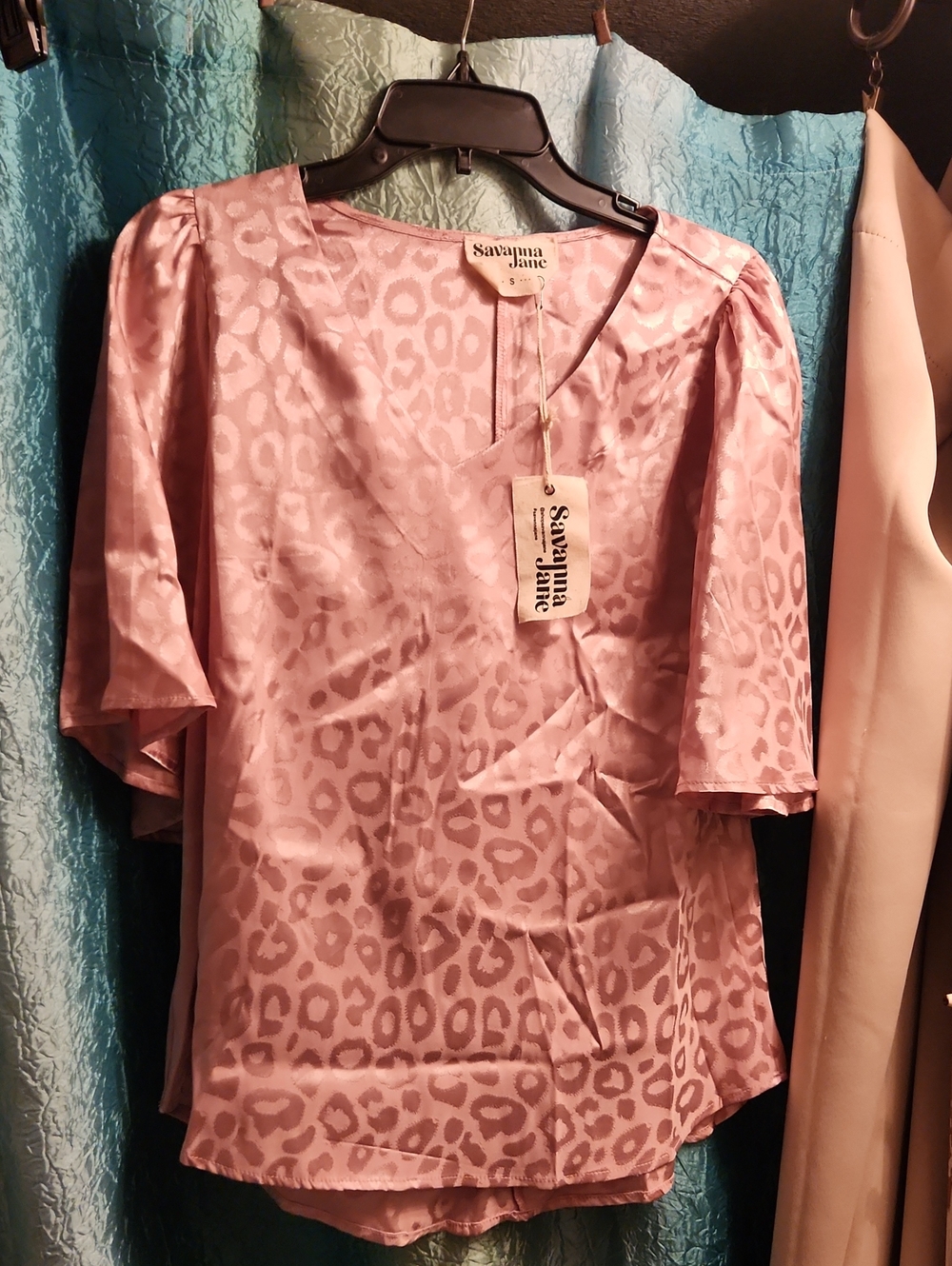 Savannah Pink Satin Leopard-Print V-Neck Blouse
